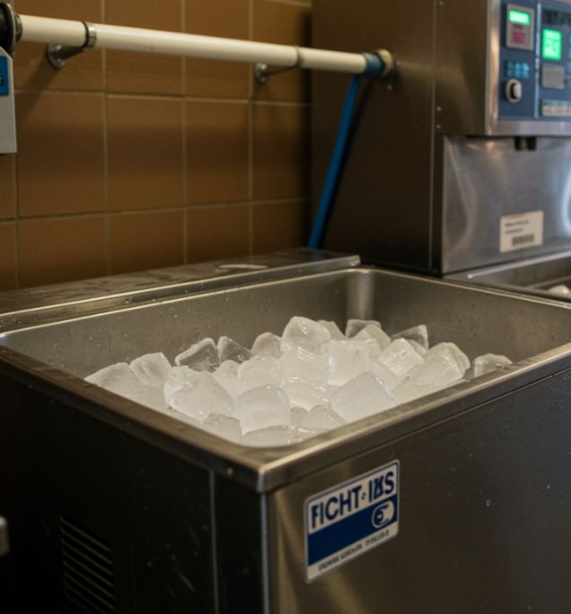 Open stainless steel ice machine showing ice bin and fresh ice cubes inside