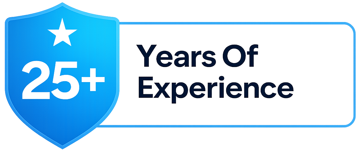 Badges showing 25 plus years of experience and veteran owned business certification