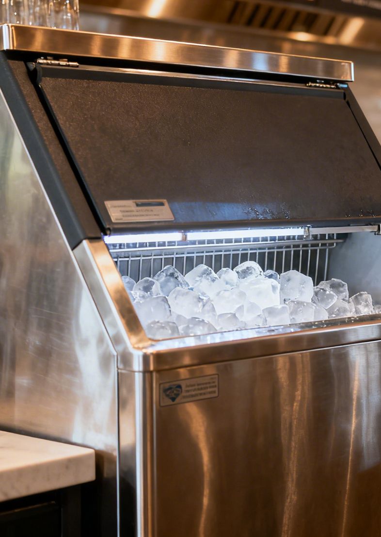 Commercial ice machine with open lid displaying ice storage