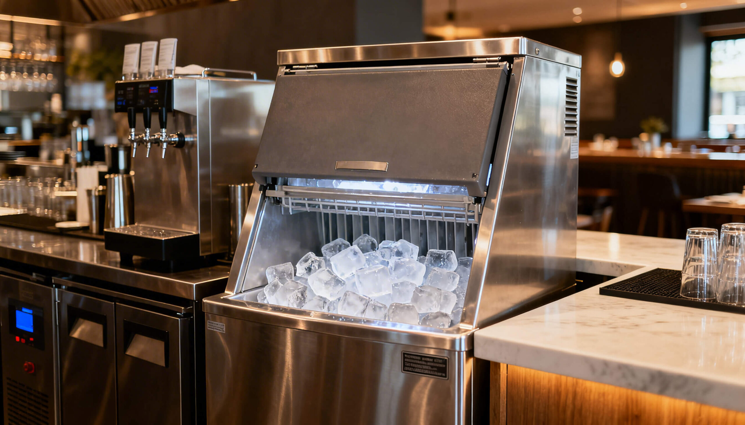 Commercial ice machine full of ice cubes in a restaurant bar setting